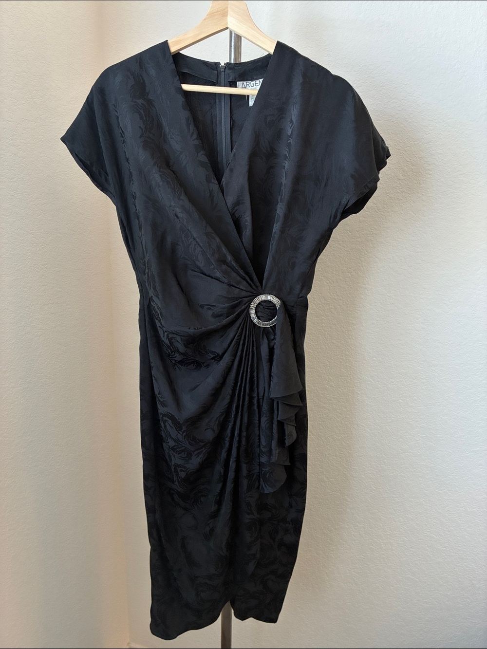 VTG 80s 90s Argenti 100% Silk Black V Neck Cocktail Dress Beaded Detail Goth